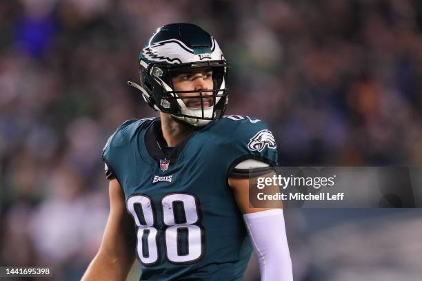 Dallas Goedert of the Philadelphia Eagles looks on against the Washington Commanders at Lincoln Financial Field on November 14, 2022 in Philadelphia,...