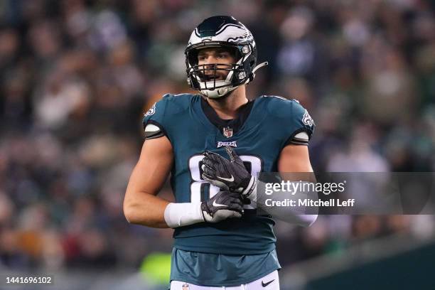 Dallas Goedert of the Philadelphia Eagles looks on against the Washington Commanders at Lincoln Financial Field on November 14, 2022 in Philadelphia,...