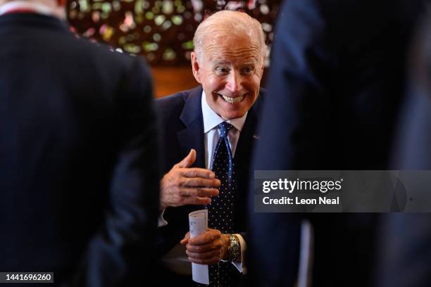 President Joe Biden of the United States of America speaks with President Recep Tayyip Erdogan of Turkey during the G20 Summit on November 15, 2022...