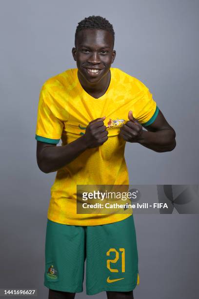 Garang Kuol of Australia poses during the official FIFA World Cup Qatar 2022 portrait session on November 15, 2022 in Doha, Qatar.