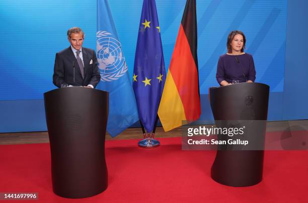 German Foreign Minister Annalena Baerbock and International Atomic Energy Agency Director General Rafael Grossi speak to the media during talks on...