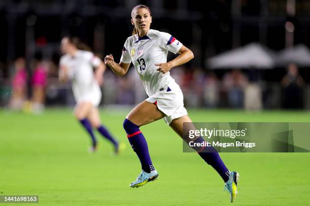 Alex Morgan of the United States in action against Germany during the women's international friendly match between United States and Germany at DRV...