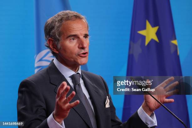 International Atomic Energy Agency Director General Rafael Grossi speaks to the media during talks with German Foreign Minister Annalena Baerbock on...