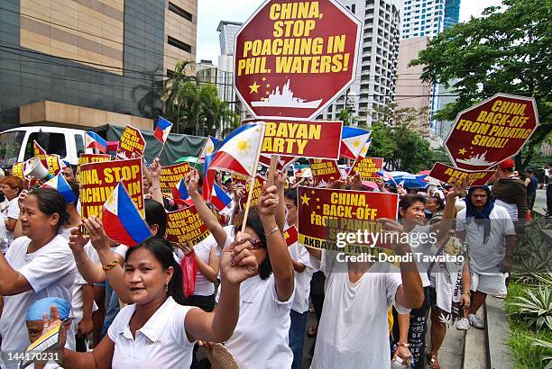 Filipino protestors stage an anti China rally outside the Chinese Embassy in Makati City on May 11, 2012 in Manila, Philippines. A dispute between...