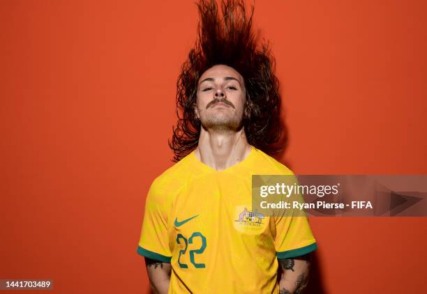 Jackson Irvine of Australia poses during the official FIFA World Cup Qatar 2022 portrait session on November 15, 2022 in Doha, Qatar.