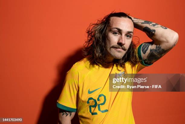 Jackson Irvine of Australia poses during the official FIFA World Cup Qatar 2022 portrait session on November 15, 2022 in Doha, Qatar.