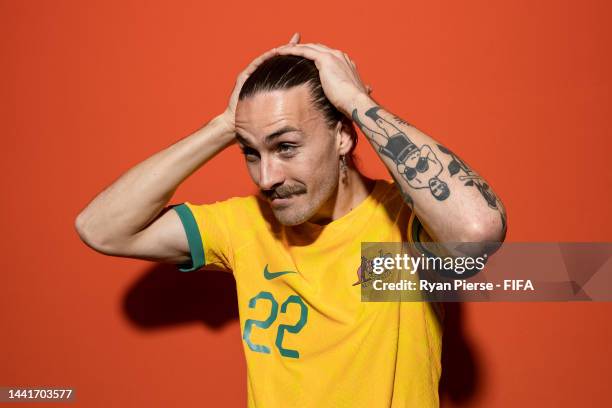 Jackson Irvine of Australia poses during the official FIFA World Cup Qatar 2022 portrait session on November 15, 2022 in Doha, Qatar.