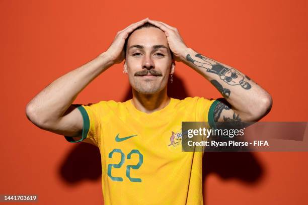 Jackson Irvine of Australia poses during the official FIFA World Cup Qatar 2022 portrait session on November 15, 2022 in Doha, Qatar.