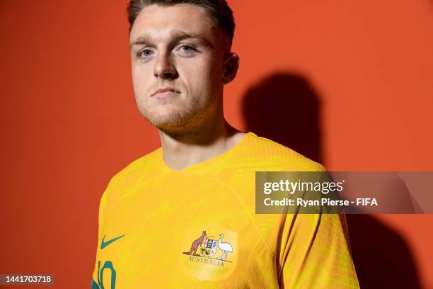 Harry Souttar of Australia poses during the official FIFA World Cup Qatar 2022 portrait session on November 15, 2022 in Doha, Qatar.