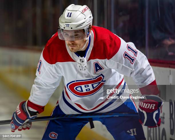 Brendan Gallagher of the Montreal Canadiens gets set for the face-off against the Detroit Red Wings during the second period an NHL game at Little...