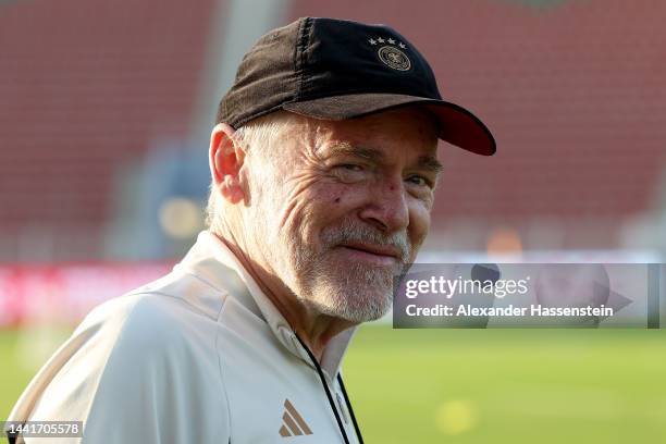 Assistent Coach Hermann Gerland of Germany looks on during the Germany training session at Sultan Qaboos Sports Complex on November 15, 2022 in...