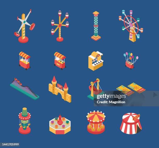 amusement park isometric set - isometric toy store stock illustrations