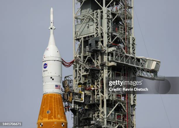 S Space Launch System rocket with the Orion spacecraft attached rests on launch pad 39B as final preparations are made for the Artemis I mission at...