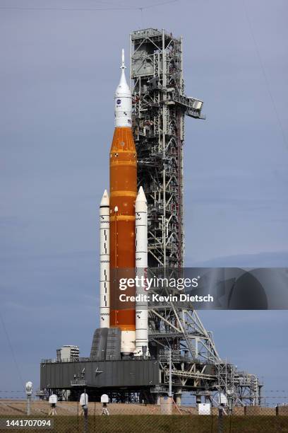 S Space Launch System rocket with the Orion spacecraft attached rests on launch pad 39B as final preparations are made for the Artemis I mission at...