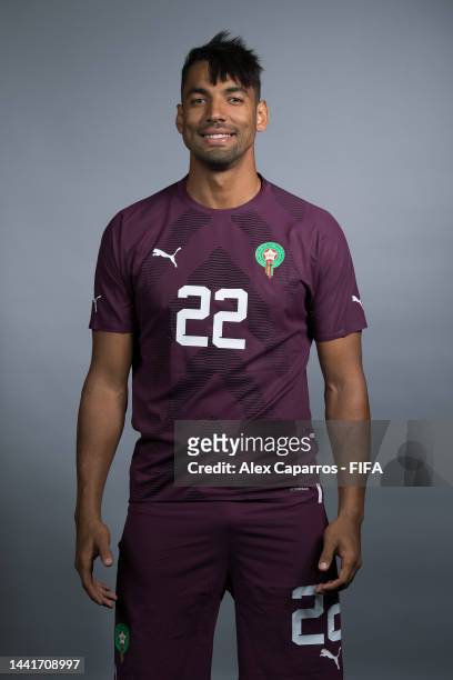 Reda Tagnaouti of Morocco poses during the official FIFA World Cup Qatar 2022 portrait session at on November 15, 2022 in Doha, Qatar.