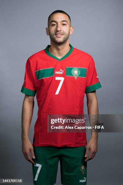 Hakim Ziyech of Morocco poses during the official FIFA World Cup Qatar 2022 portrait session at on November 15, 2022 in Doha, Qatar.