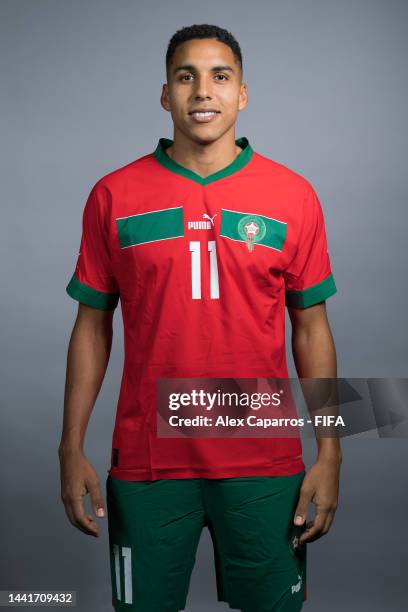 Abdelhamid Sabiri of Morocco poses during the official FIFA World Cup Qatar 2022 portrait session at on November 15, 2022 in Doha, Qatar.