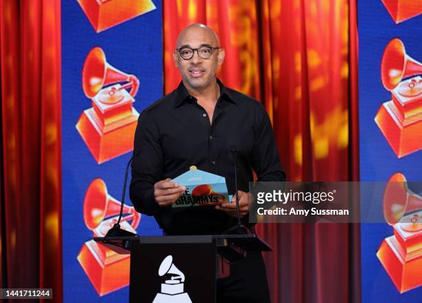 Recording Academy CEO Harvey Mason jr. Speaks during the 65th Annual GRAMMY Awards Nominations at The GRAMMY Museum on November 15, 2022 in Los...
