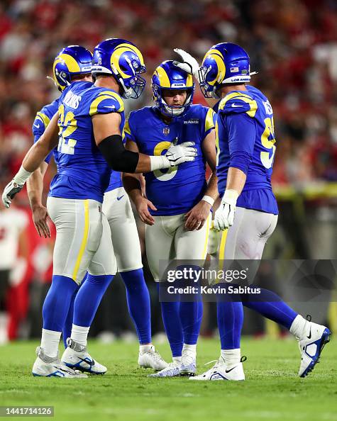 Gey Rams Matt Gay of the Los Angeles Rams celebrates with teammates after ...