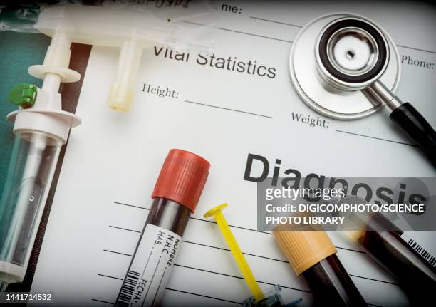 diagnostic form and blood sample tubes - leukemia stock pictures, royalty-free photos & images