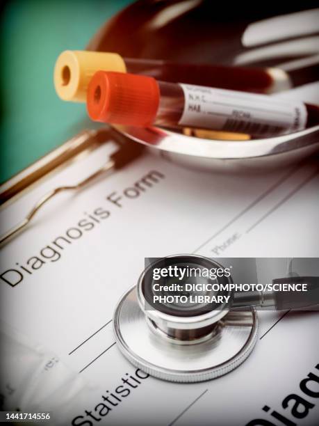 diagnostic form and blood sample tubes - acute angle stock pictures, royalty-free photos & images