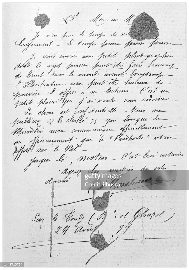 Antique image: Captain Marchand letter for the director of "L'illustration"