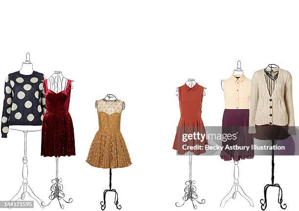 clothes on vintage stands - dress form stock pictures, royalty-free photos & images