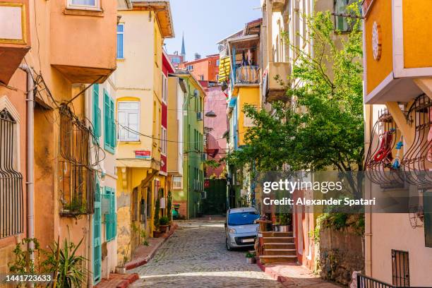 multi-colored vibrant streets of balat neighbourhood in istanbul, turkey - istanbul view stock pictures, royalty-free photos & images