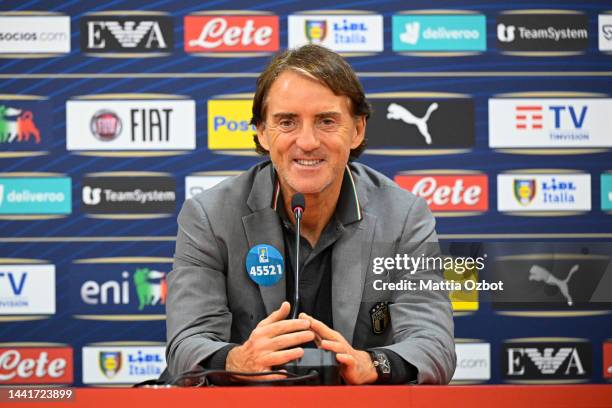 Roberto Mancini of Italy speaks with the media during the Italy Press Conference at Albania Stadium on November 15, 2022 in Tirana, Albania