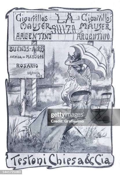 woman sitting with sun umbrella in garden art nouveau illustration 1899 - vintage-cigarette-and-smoking-ads stock illustrations