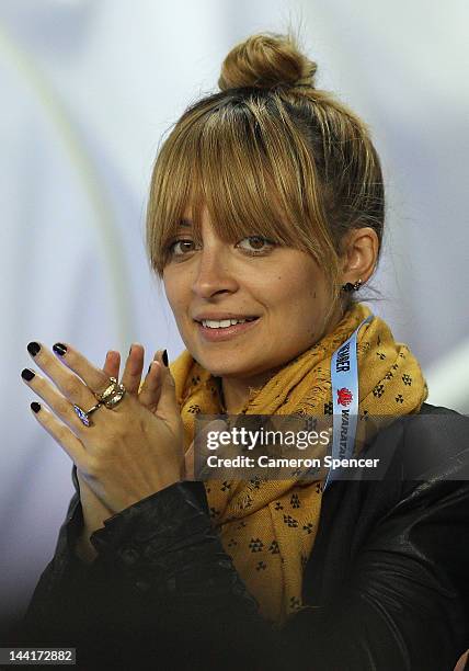 Nicole Richie watches the action during the round 12 Super Rugby match between the Waratahs and the Bulls at Allianz Stadium on May 11, 2012 in...