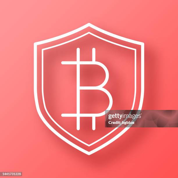 bitcoin shield. icon on red background with shadow - blockchain stock illustrations