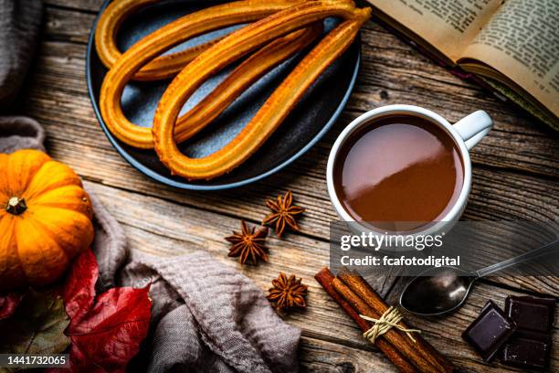 churros and hot chocolate still life - hot chocolate stock pictures, royalty-free photos & images