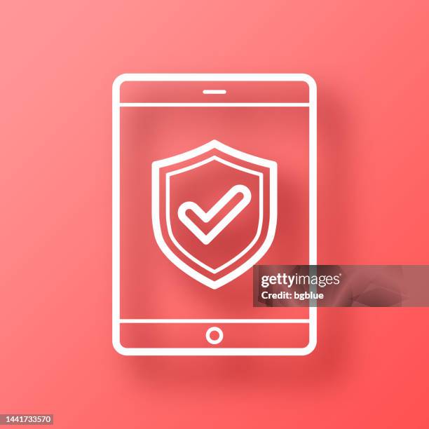 secure tablet pc. icon on red background with shadow - quality control approved stock illustrations