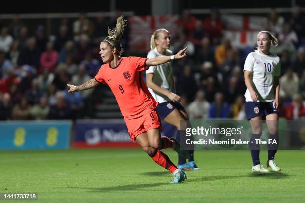 Rachel Daly of England celebrates scoring their team's first goal during the International Friendly between England and Norway at Pinatar Arena on...