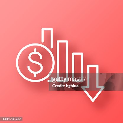 Dollar rate decrease. Icon on Red background with shadow Dollar rate decrease. Icon on Red background with shadow