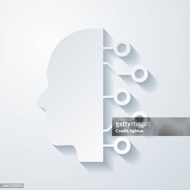 human face and circuit board. icon with paper cut effect on blank background - artificial intelligence white background stock illustrations