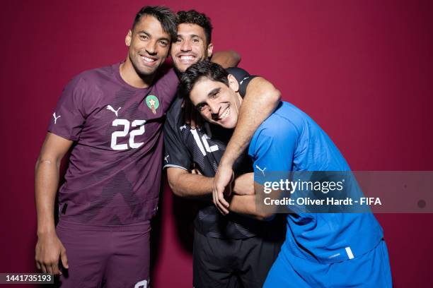 Reda Tagnaouti, Munir El Kajoui and Yassine Bounou of Morocco poses during the official FIFA World Cup Qatar 2022 portrait session at on November 15,...