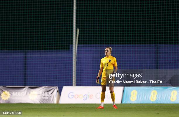 Ellie Roebuck of England looks on during the International Friendly between England and Norway at Pinatar Arena on November 15, 2022 in Murcia, Spain.