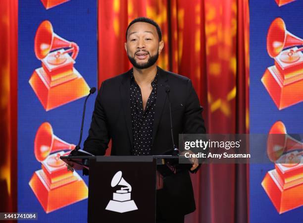 John Legend speaks during the 65th Annual GRAMMY Awards Nominations at The GRAMMY Museum on November 15, 2022 in Los Angeles, California.