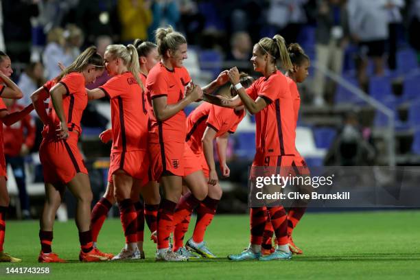 Rachel Daly of England celebrates teammates after scoring their team's first goal during the International Friendly between England and Norway at...