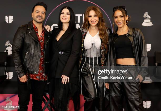 Luis Fonsi, Laura Pausini, Thalía and Anitta attend the Host Press Conference during the 23rd annual Latin Grammy Awards on November 15, 2022 in Las...