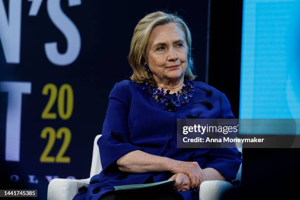 Former U.S. Secretary of State Hillary Rodham Clinton moderates a discussion between Maria Pevchikh, the Head of Investigations Department at the...