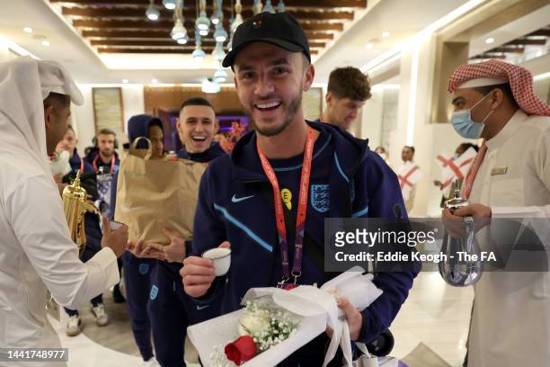 James Maddison of England is greeted as players of England arrive in Qatar ahead of World Cup 2022 on November 15, 2022 in Doha, Qatar.