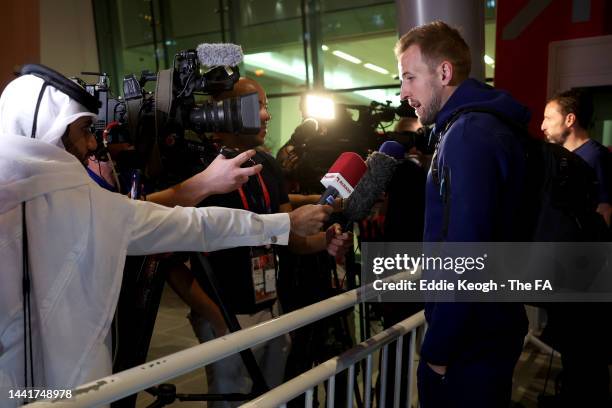 Harry Kane and Gareth Southgate, Manager of England talk to the media as players of England arrive in Qatar ahead of World Cup 2022 on November 15,...