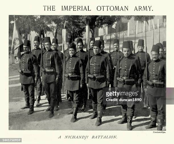 stockillustraties, clipart, cartoons en iconen met imperial ottoman army, soldiers of a nichandji battalion, military history, 1890s, 19th century - fez hoed