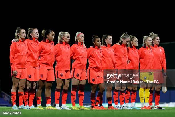 The England team line up for the national anthems during the International Friendly match between England Women and Norway Women at Pinatar Arena on...