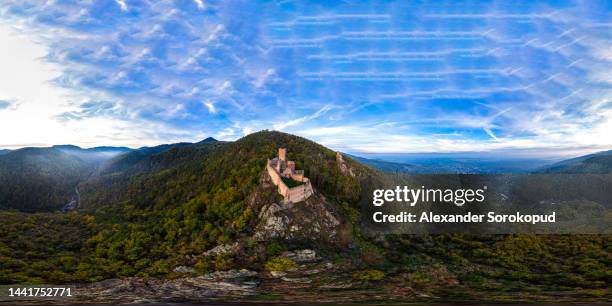 panoramic drone view of the ruins of medieval castles in alsace. mountains of the vosges. - haut rhin stock-fotos und bilder