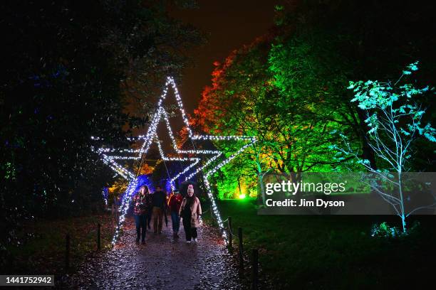 Visitors follow an illuminated trail during a preview for the Christmas at Kew event at Kew Gardens on November 15, 2022 in London, England.