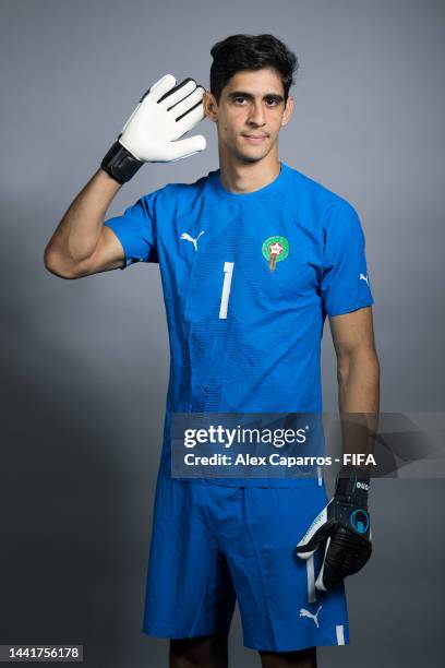 Yassine Bounou of Morocco poses during the official FIFA World Cup Qatar 2022 portrait session on November 15, 2022 in Doha, Qatar.